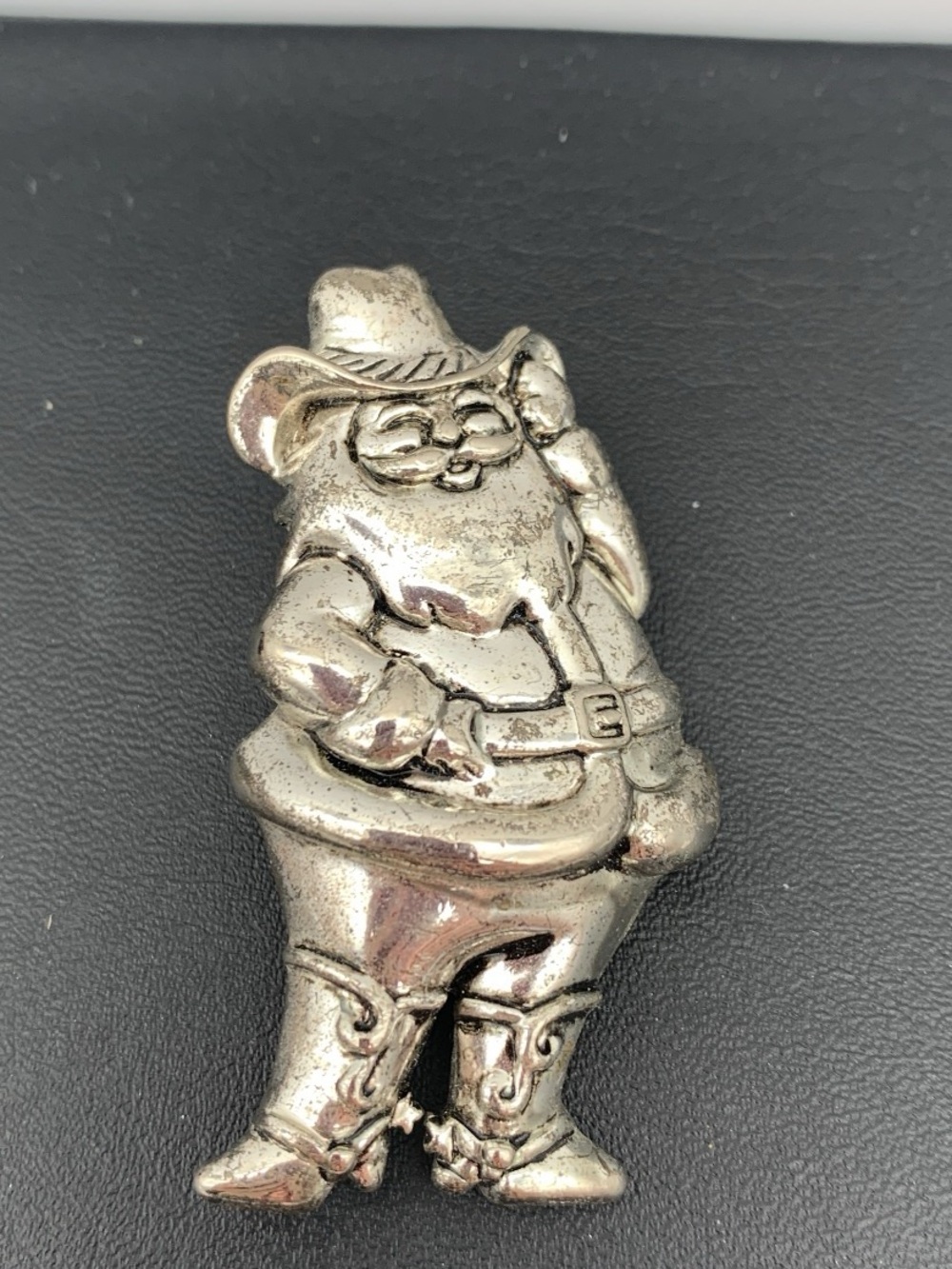 Vintage antiqued Silver Tone Santa Cowboy Brooch \ pendant